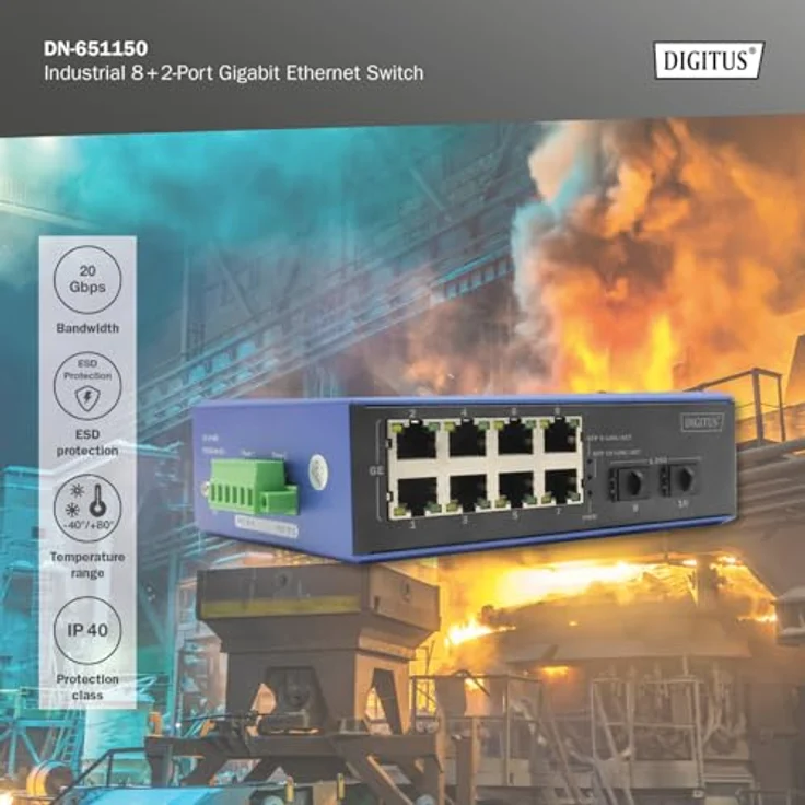 DIGITUS industrieller 10 Port Gigabit Ethernet Switch - 8 RJ45 Ports - 2 SFP-Ports - IP40 Schutzklasse - 10/100/1000 Mbps - Hutschienenmontage - schwarz/blau – Bild 5