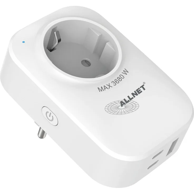 Allnet ESP32 WiFi Schaltsteckdose ALL3079, 2-in-1 Smart Plug mit Strommessung und 30 W USB-Ladegerät, bis 16 A / 3680 W