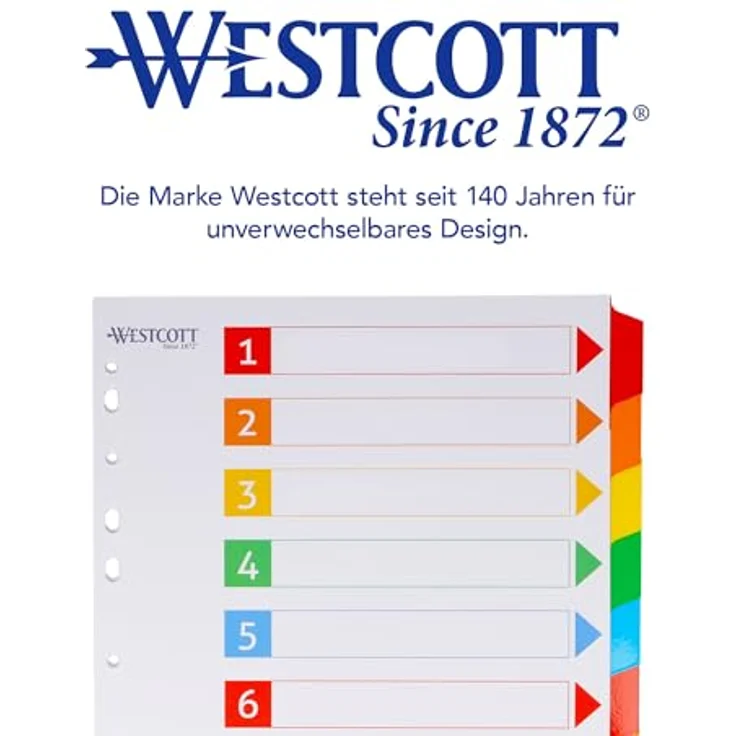 WESTCOTT Aktenordner Register für Ordner Din A4, 10 beschreibbare Tabs, 5 Farben, Robuste 160g/m², Eurolochung – Bild 5