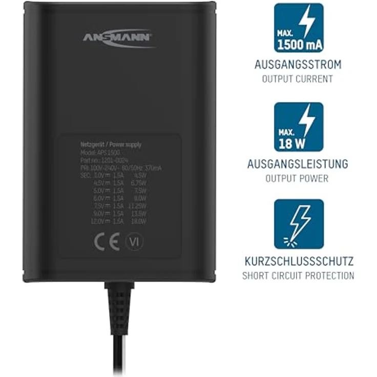 ANSMANN APS 1500 Universal Stecker Netzteil 12V inkl. 7 verschiedende Adapter Stecker - Netzstecker bis max. 1500mA - Netzadapter zur Stromversorgung vieler Elektrokleingeräte von 3-12 Volt regelbar – Bild 2