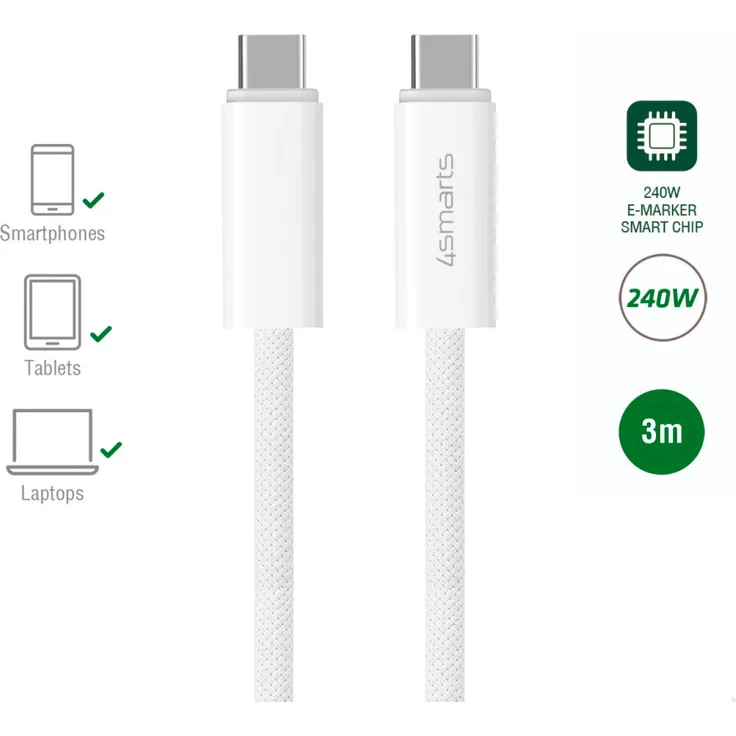 4smarts USB-C Kabel PremiumCord 240W, 1.5m, weiß, für hochgeschwindigkeits Datenübertragung und schnelles Aufladen