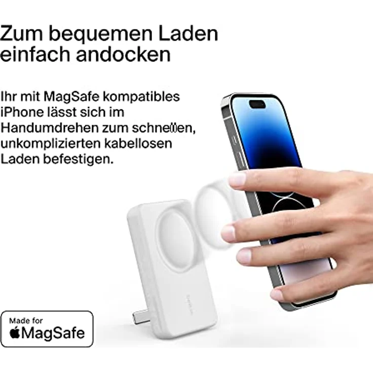 Belkin magnetische 5000-mAh-Powerbank, externer Handy-Akku, kompatibel mit MagSafe, Passthrough-Ladefunktion und Ständer, 7, 5 W Ausgang, 10 Eingang, iPhone 14, 13, 12 – Weiß, BPD004btWT – Bild 2