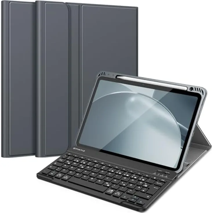 Fintie Tastatur Hülle für iPad Air 11 Zoll M2, iPad Air 6/5/4 (2024/2022/2020) 10,9 Zoll, Himmelgrau, TPU Rückschale, magnetisch abnehmbarer Keyboard (QWERTZ Layout) mit Stifthalter
