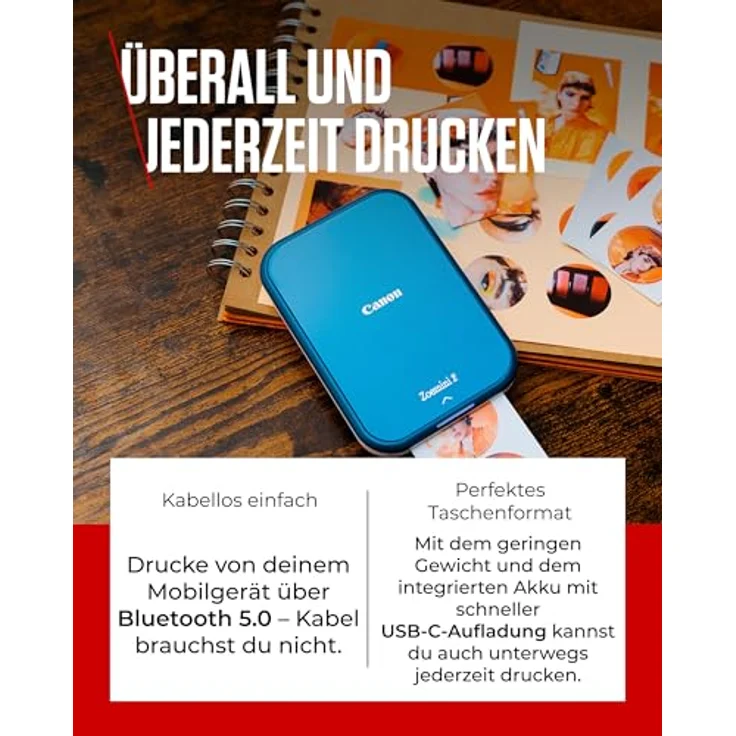 Canon Zoemini 2 Mini Fotodrucker mobil tragbar unterwegs Hosentasche Printing KIT (Fotodruck 5x7,6 cm, Smartphone + Tablet, eingebauter Akku) Marineblau [+ 20er Zink Druck-Set + 10er Circle Sticker] – Bild 4