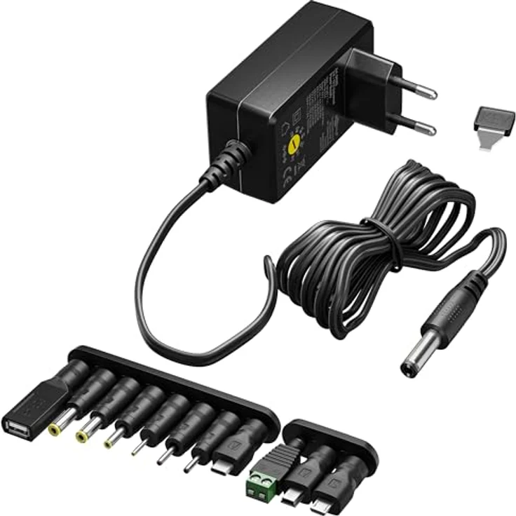 goobay 64570 Universal-Netzteil 3 V - 12 V, max. 27 W / DC Wechseladapter / Ersatznetzteil für TV, PC, Router, LED Streifen / Variable Spannung / USB C, USB A, Micro USB / inkl. 11 Adapter/ Schwarz – Bild 1