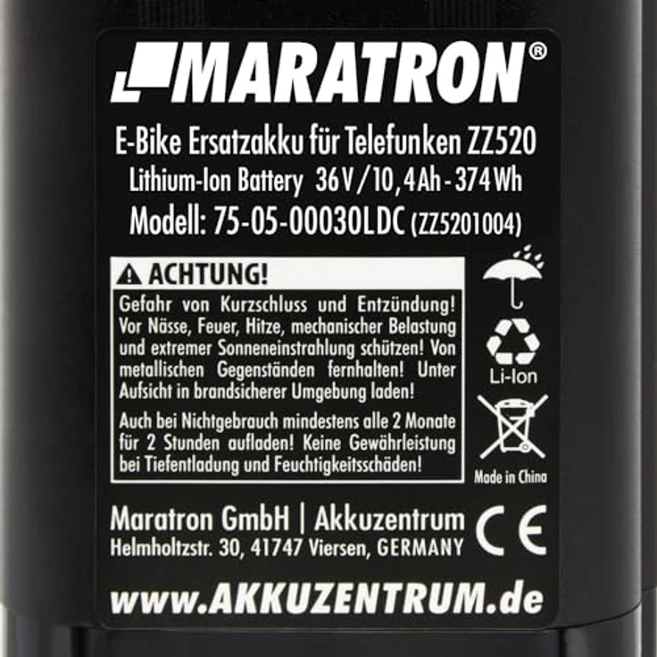 Maratron Ersatz-Akku 36V 10,4Ah (374Wh) für TELEFUNKEN Multitalent, ZÜNDAPP Z510, Z517, Green 2.7, Green 3.7 u.v.m. (39,5 cm) - Hochwertiger Sattelstützen-Akku mit leistungsstarken Lithium-Ionen-Zellen, Marke Maratron, inkl. kostenlosem Ladegerät, Originalverpackt – Bild 5