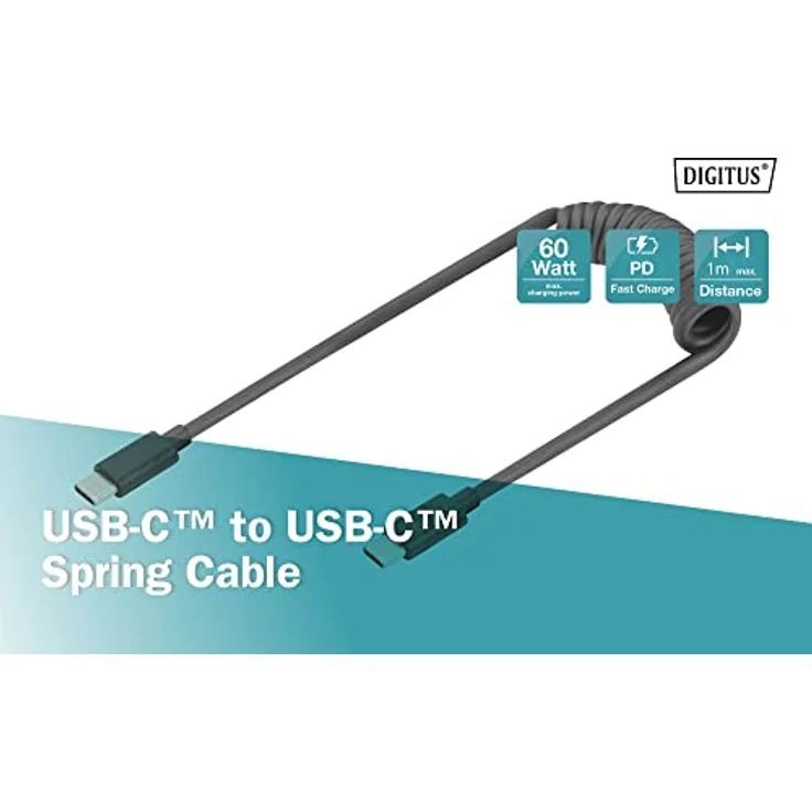 DIGITUS USB 2.0 - USB - C auf USB - C Spiralkabel - USB 2.0, PD 60W Max; 1m, Schwarz – Bild 4