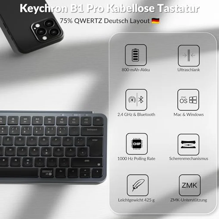 Keychron B1 Pro, Ultra-Slim Wireless Keyboard mit deutschem ISO-Layout, Multi-Device Nutzung, leiser Scherenmechanik, Bluetooth & USB-C Verbindung – Bild 2