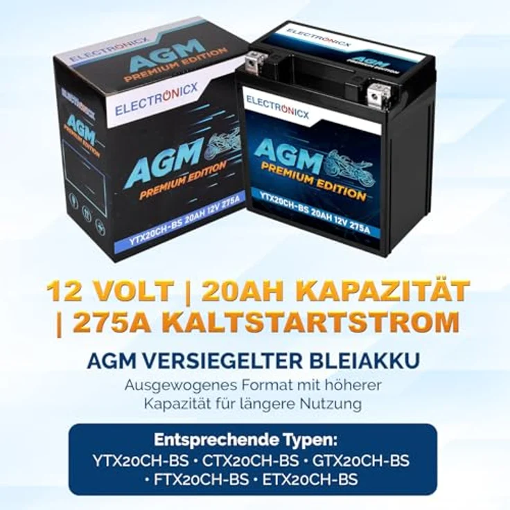 Electronicx YTX20CH-BS AGM Motorradbatterie 20Ah 12V - wartungsfrei, auslaufsicher, rüttelfest für Motorrad, Roller, Quad, ATV und Jetski – Bild 5