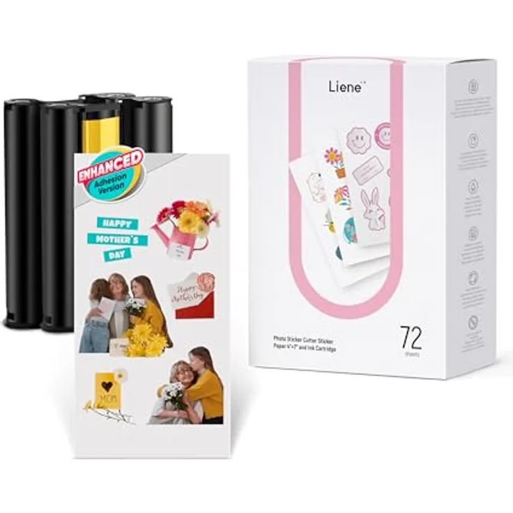Liene Stickerpapier & Patronen (Stärkere Haftung) – 2 Tintenpatronen + 72 Blatt 10x18 cm, wasserfest, Thermo-Dye-Sublimation, kompatibel mit Liene PixCut S1