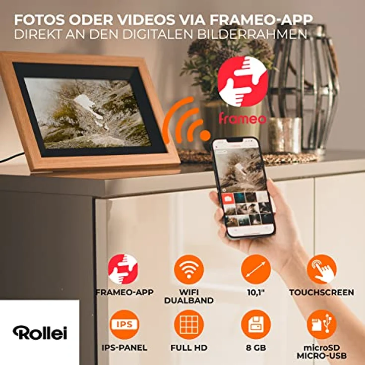 Rollei Smart Frame WiFi 105 in braunen Holz. 10.1 Zoll digitaler Bilderrahmen mit WiFi-Funktion zur Wiedergabe Ihrer Fotos und Videos mit Ton. - Preisvergleich – Bild 4