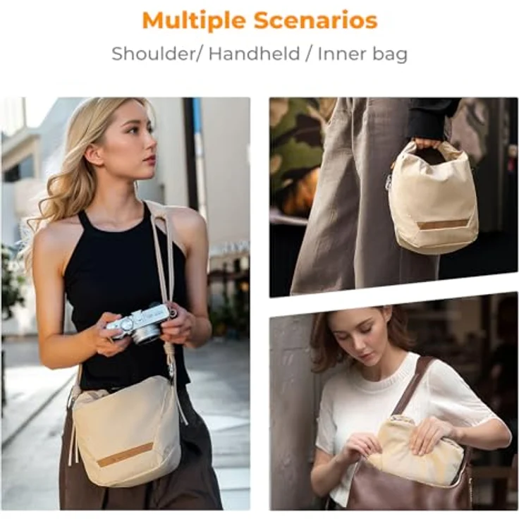 K&F CONCEPT Kameratasche, Modische Umhängetasche für Spiegellose Kamera, Tragbar, Beigefarben, mit Organizer-Taschen und Abnehmbarem Gurt – Bild 3