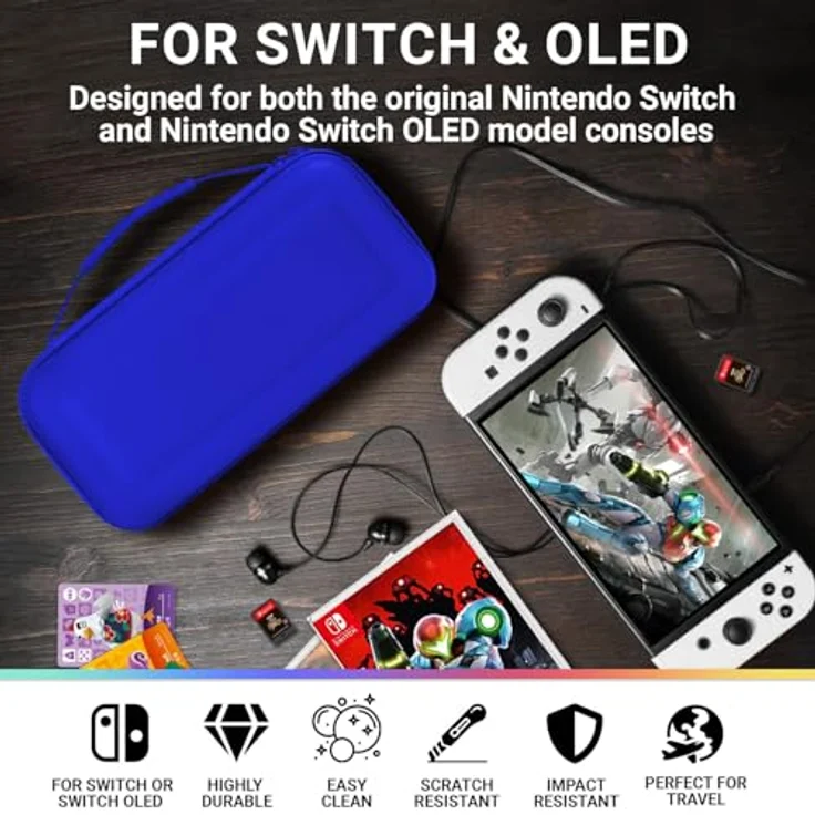 Orzly Tragetasche für Nintendo Switch und New Switch OLED, harte Reisetasche in Blau mit Schutz, Innentaschen für Zubehör und Spiele – Bild 4