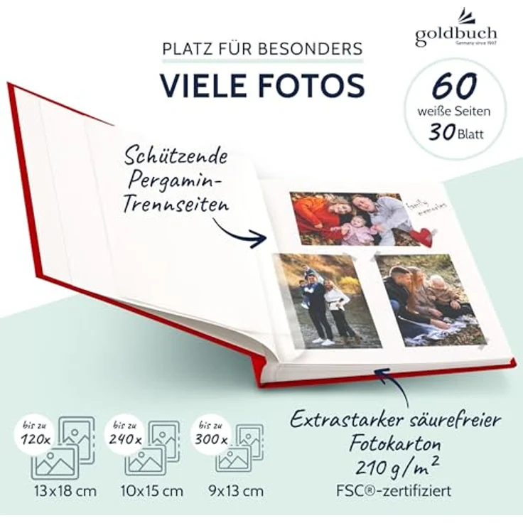 goldbuch Fotoalbum mit Fensterausschnitt, Bella Vista, 30 x 31 cm, 60 weiße Seiten mit Pergamin-Trennblättern, Leinen, Rot, 27890 – Bild 5