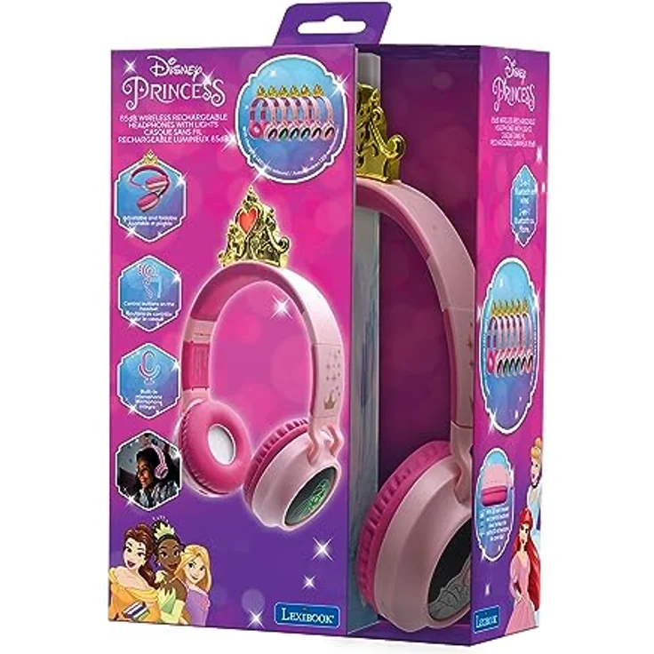 Lexibook Disney Prinzessin HPBT015DP, Kabellose und kabelgebundene 2-in-1-Kopfhörer mit Prinzessinnenkrone, hoher Klangqualität bis 85 dB, Lichteffekten, faltbar, verstellbar, wiederaufladbar, rosa – Bild 5