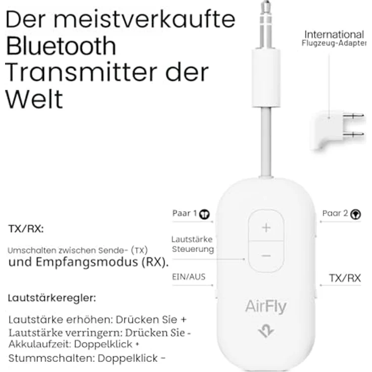 Twelve South AirFly Pro Deluxe, Bluetooth-Audio-Transmitter für Klinke/USB-C, Weiß – Bild 3