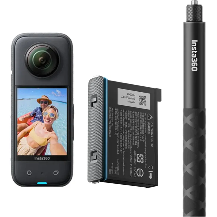 Insta360 X3 Action-Cam (72 MP, 5,7K Video, LCD-Display mit 360° Aufnahmefunktion) - Bundle inkl. Ersatzakku und Selfie-Stick 114 cm, schwarz – Bild 1