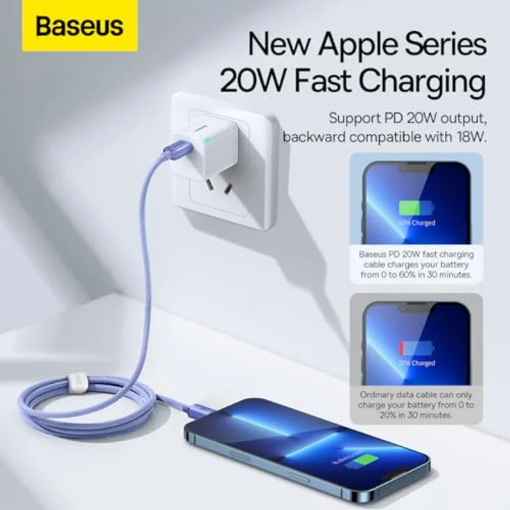Baseus Crystal Shine, Lightning / USB-C Kabel 20W, 1,2m, schnelles Laden & Datenübertragung, Lavendel – Bild 2