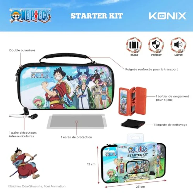 Konix One Piece Gaming - Zubehör Starter Kit Nintendo Switch, Switch Lite und Switch OLED - Tasche - Gehäuse -Schutzfolie - Kopfhörer, Schutzhülle mit doppeltem Reißverschluss und Bildschirmschutz, In-Ear-Kopfhörer mit Mikrofon und Reinigungstuch - Schwarz – Bild 2