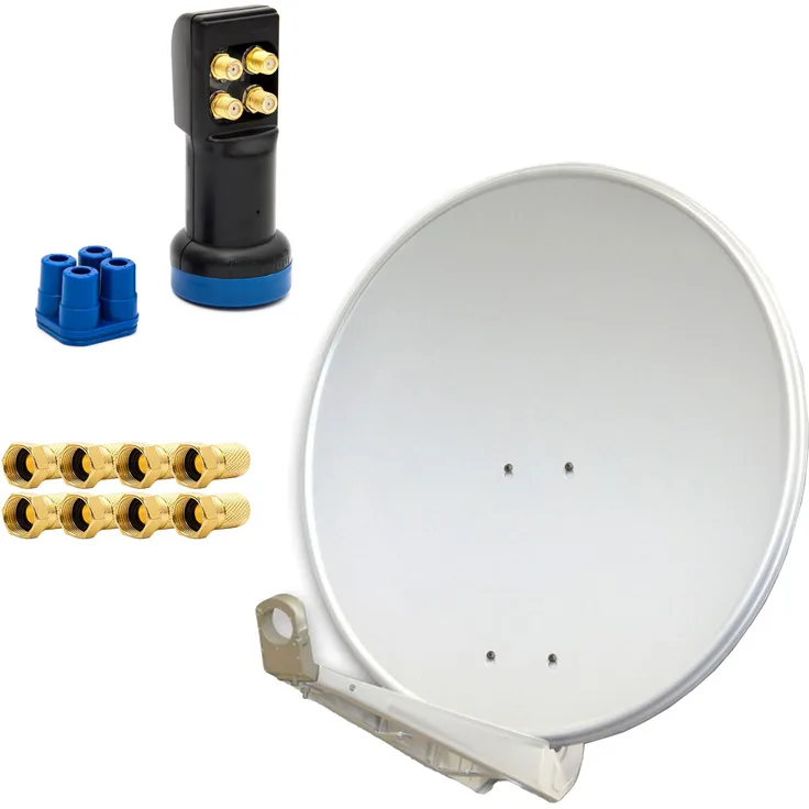 PremiumX DELUXE SAT Anlage 85cm, Aluminium hellgrau, Quad LNB für bis zu 4 TV Receiver, inkl. 8x F-Stecker