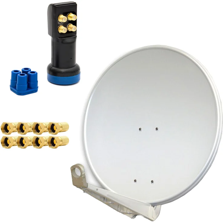 PremiumX DELUXE SAT Anlage 85cm, Aluminium hellgrau, Quad LNB für bis zu 4 TV Receiver, inkl. 8x F-Stecker