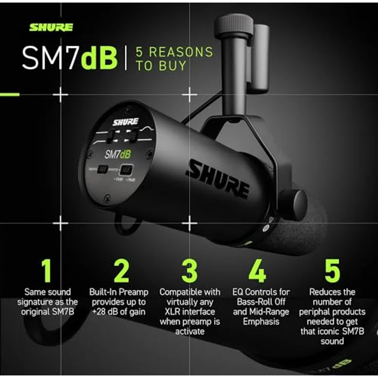 Shure SM7dB Dynamisches Sprach-und Gesangsmikrofon mit integriertem Vorverstärker für Rundfunk, Podcast und Aufnahmen, breiter Frequenzbereich, Warmer und weicher Klang - Schwarz – Bild 4