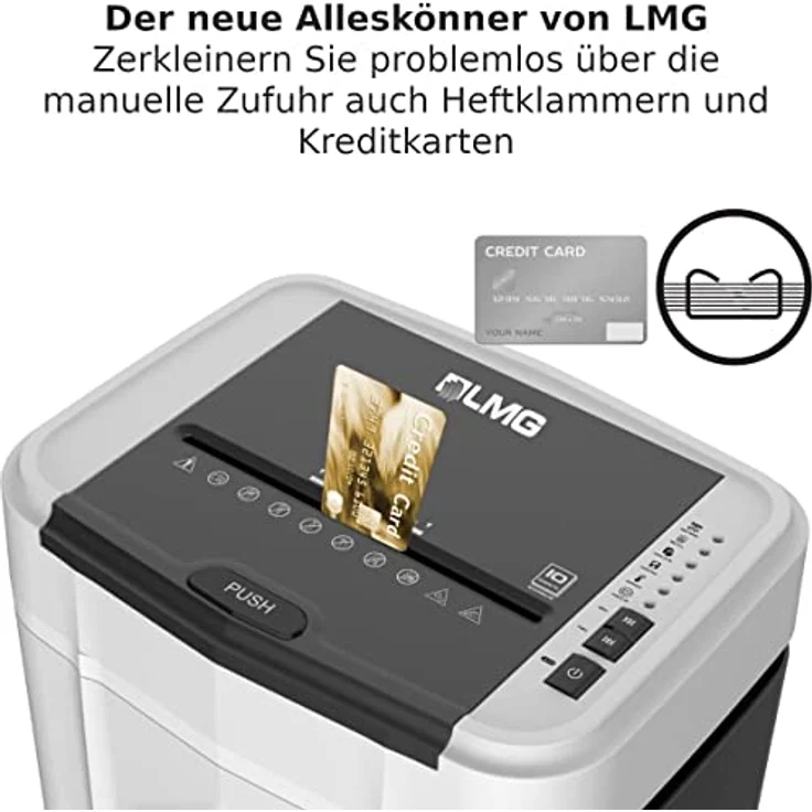 LMG Germany Aktenvernichter Papierschredder Autofeed 120 Blatt, leise, Partikelschnitt, bis zu 10 Blatt manuell, 60 Minuten Dauerbetrieb, weiß – Bild 3