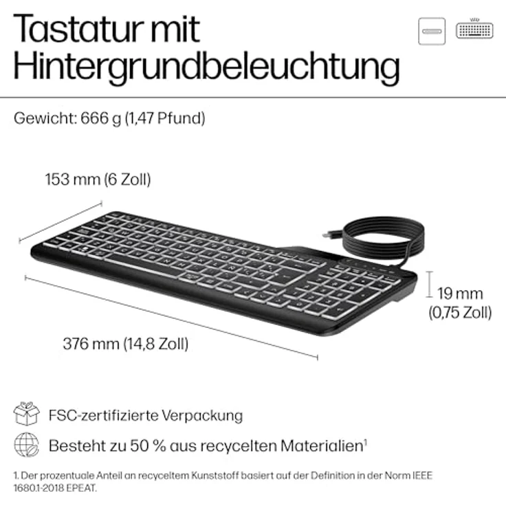 HP 400 | Kabelgebundene Tastatur mit Hintergrundbeleuchtung | (7N7C0AA) – Bild 4