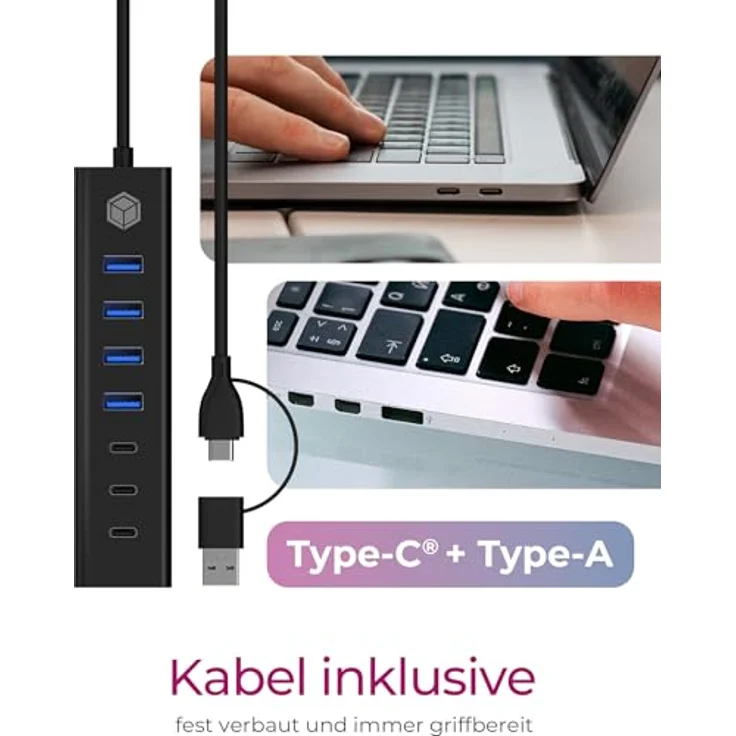 ICY BOX IB-HUB1737-C3, 7-Port USB-Hub mit 4x USB 3.2 Gen 1 Type-A und 3x USB-C, Aluminiumgehäuse in Schwarz, bis zu 5 Gbps Datenübertragung – Bild 7