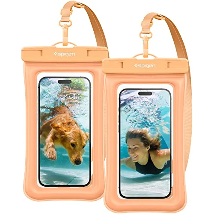 Spigen Aqua Shield wasserdichte Handyhülle Schwimmend [2 Stück] IPX8 Wasserfeste Handytasche Unterwasser Hülle Kompatibel mit iPhone, Galaxy, Xiaomi, Google Smartphones -Apricot