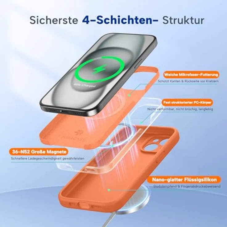 miracase iPhone 15 Hülle mit MagSafe, Flüssigsilikon-Hülle mit kratzfestem Mikrofaser-Innenfutter, stoßfest, Amber Orange – Bild 3