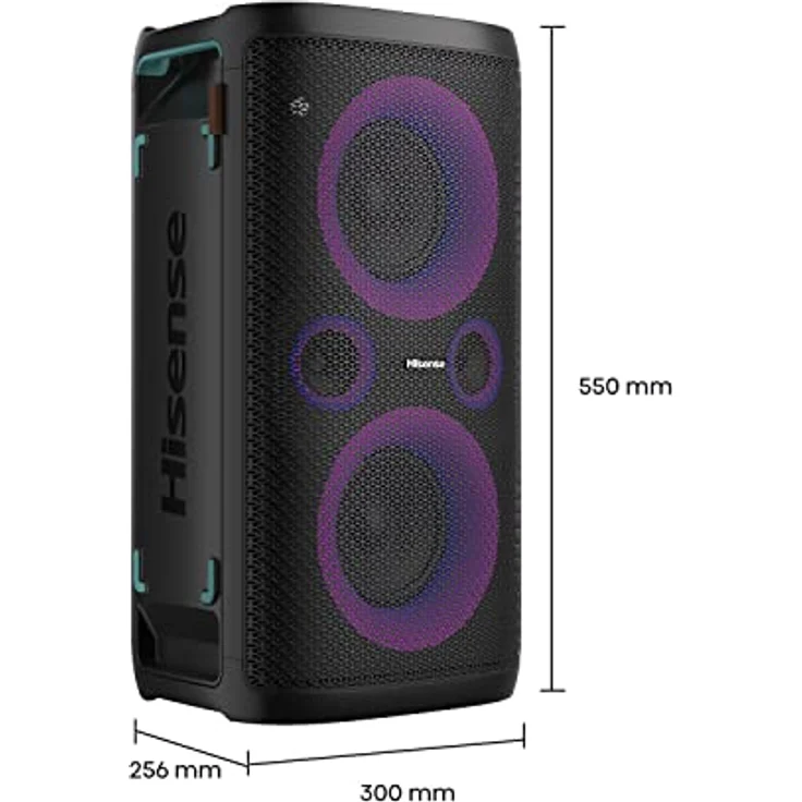 Hisense HP 110 Party Rocker One Plus- Tragbarer Party Lautsprecher mit Karaoke Modus inkl. 2 Mikrofone, 300 W Klangvolumen, DJ Effekte, kabelloses Laden, 5 Lichteffekte, bis zu 15h Akkulaufzeit, IPX4, Schwarz – Bild 2