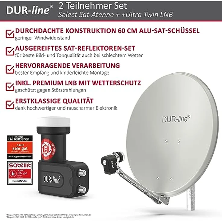 DUR-line 2 Teilnehmer Set - Qualitäts-Alu-Satelliten-Komplettanlage - Select 60/65cm Spiegel/Schüssel Hellgrau + Twin LNB - für 2 Receiver/TV [Neuste Technik, DVB-S2, 4K, 3D] – Bild 3