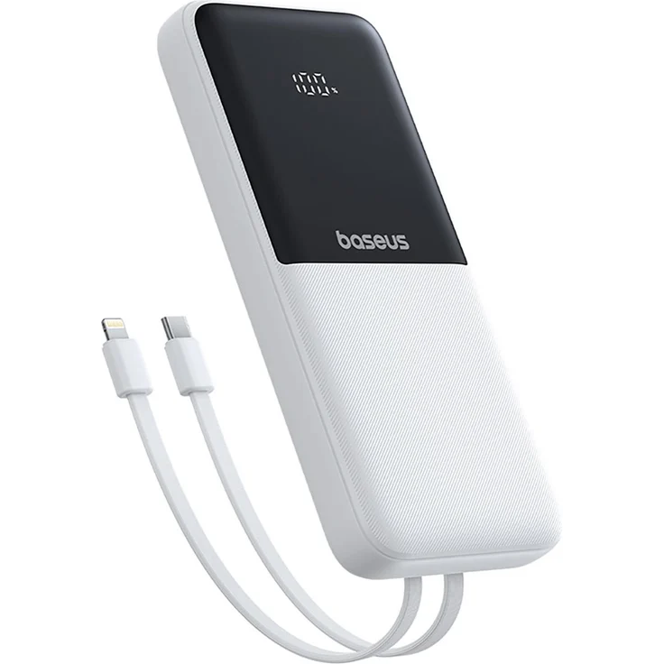 BASEUS Lipow 10000mAh Powerbank, 22,5W Schnellladung mit integrierten USB-C & Lightning Kabeln, Weiß