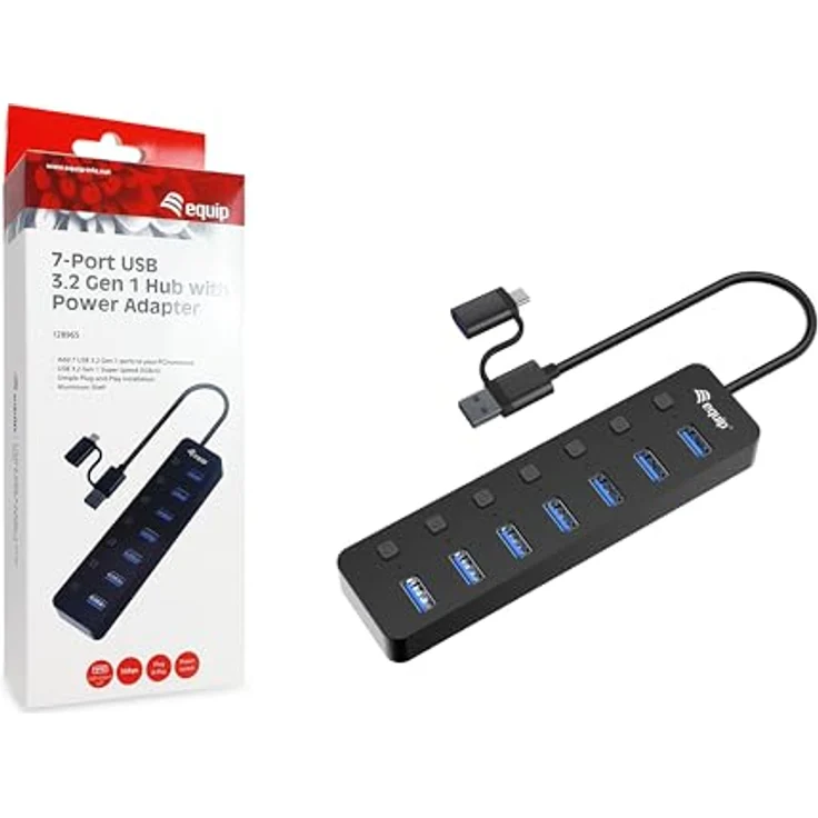 Equip 128965 7-Port USB 3.2 Gen 1 Hub mit Netzteil, Aluminiumlegierung + ABS, schwarz – Bild 1