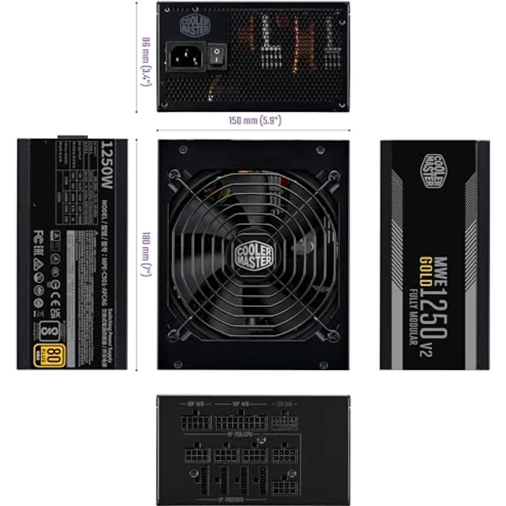 Cooler Master MWE Gold 1250 V2, Vollmodulares ATX 3.1 Netzteil, 80 Plus Gold, 1250 Watt, PCIe 5.1, 140 mm FDB-Lüfter, hohe Temperaturbeständigkeit bis 50 °C – Bild 3