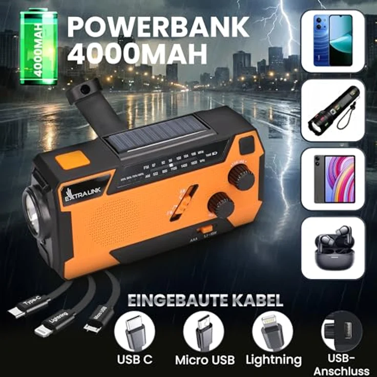 Extralink SR-4000 Notfallradio, Solar & Kurbel mit 4000mAh Powerbank und SOS-LED Taschenlampe, Schwarz – Bild 5