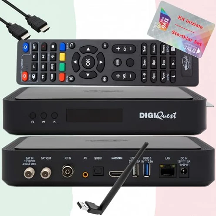 HTS e-com TiVuSat Karte 4K UHD + DIGIQuest Q80 Sat Receiver, zertifizierte TiVuSat Receiver mit Karte (AKTIVIERT), Mediaplayer, WebRadio, 150 WiFi USB Stick, HTS HDMI Kabel, in Schwarz. – Bild 1