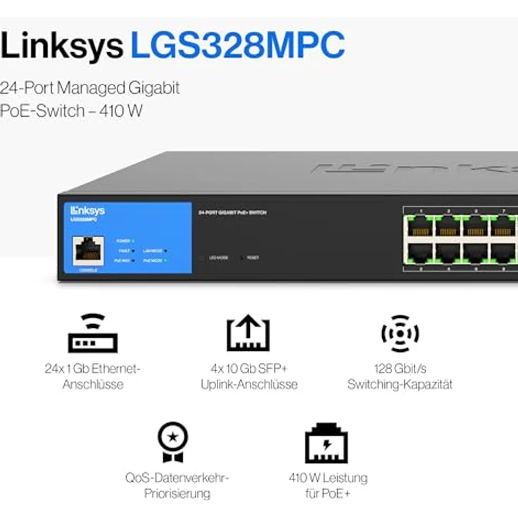 Linksys LGS328MPC-EU 24-Port Gigabit-Netzwerk-PoE+-Switch, 410 W, 4 10G-Uplink-SFP+-Steckplätze – Smart Managed Ethernet-Switch Hub mit Metallgehäuse, Befestigung auf dem Schreibtisch oder an der Wand – Bild 2
