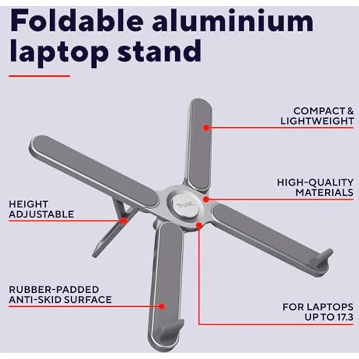 Trust Macy Faltbarer Laptop Ständer, Aluminium klappbar für Laptops bis 17.3 Zoll, 7-stufig höhenverstellbar, rutschfeste Oberfläche - Grau – Bild 2