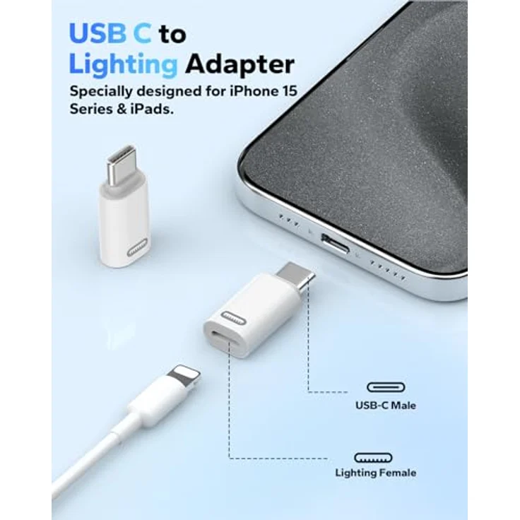 MoKo Lightning auf USB-C Adapter, 4 Stück, für iPhone 15/16/17 & iPad, Schnellladung 35W PD, weiß – Bild 2