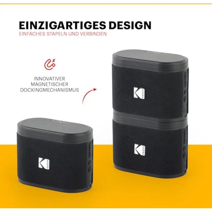Kodak SOUNDBRIX Tragbarer Bluetooth-Lautsprecher, verbindet bis zu 100 Lautsprecher, magnetische Dockingstation, 5-W-Sound, 3 Stunden Akkulaufzeit, schwarz – Bild 3