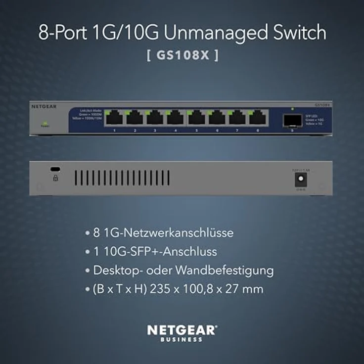 Netgear 8-Port 1G/10G Gigabit Ethernet Unmanaged Switch (GS108X) - Mit 1 x 10G SFP+, Desktop- oder Rack-Befestigung, leiser Betrieb und eingeschränkte Garantie über die gesamte Nutzungsdauer – Bild 2