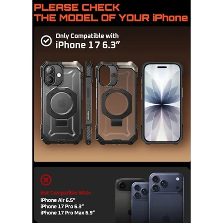 SUPCASE Unicorn Beetle Grip Hülle für iPhone 17 (6,3'' 2025), robust mit Ringhalter, MagSafe-kompatibel, schwarz, Militärstandard Falltests, rutschfester Griff, integrierter Ständer – Bild 2