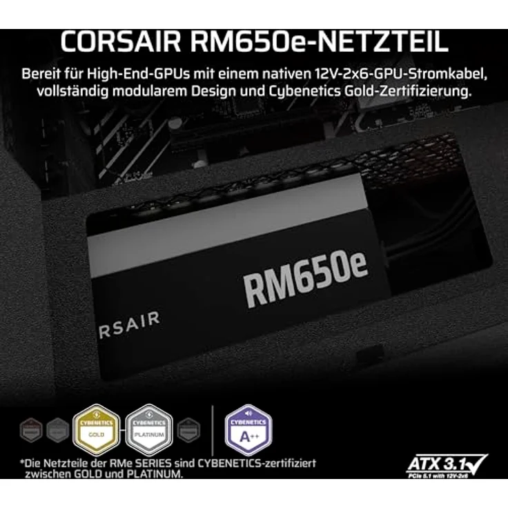 Corsair RM650e (2025) Fully Modular Low-Noise ATX Power Supply – Cybenetics Gold Efficiency, 105°C-Rated Capacitors, Modern Standby Mode (Black) – Bild 2