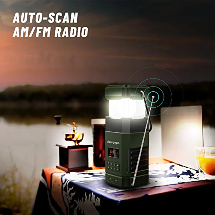Libovgogo DF-585 AM UKW Kurbelradio, Bluetooth Lautsprecher, Solar Campinglampe, IP65 wasserdicht, 3 Lichtmodi, Handyladefunktion, Notfall-Taschenlampe, für Outdoor und Wohnmobilreisen – Bild 4