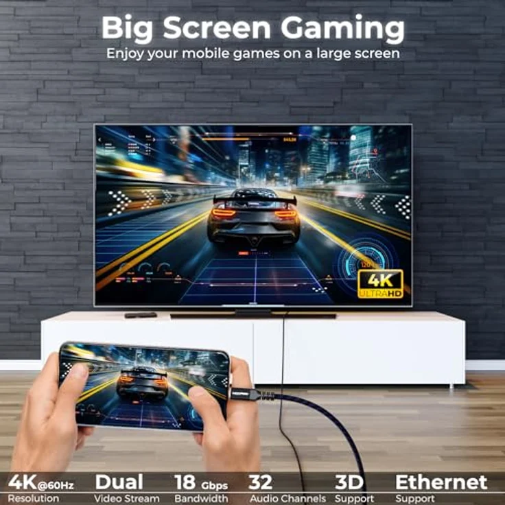 deleyCON 1,5m 4K USB-C auf HDMI Kabel, Aluminium Adapter (4K@60Hz), Thunderbolt 3/4, für iPhone 15/16/17 Pro Max, MacBook, iPad Pro/Air, Galaxy S24/S25, Plug-and-Play – Bild 3