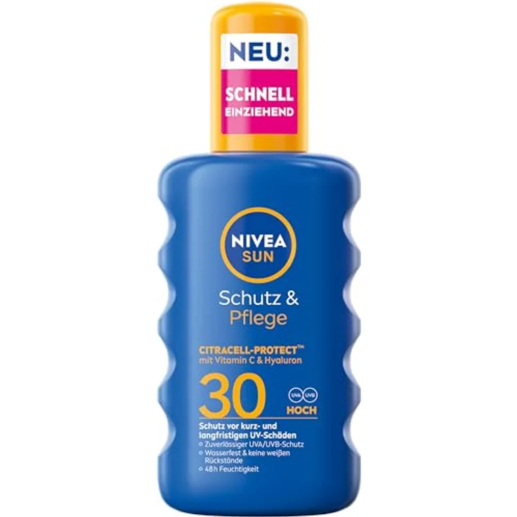 NIVEA SUN Schutz & Pflege Sonnenspray LSF 30 Citracell-Protect, wasserfestes Sonnencreme Spray mit Vitamin C & Hyaluron, 48h Feuchtigkeit, 200 ml – Bild 1