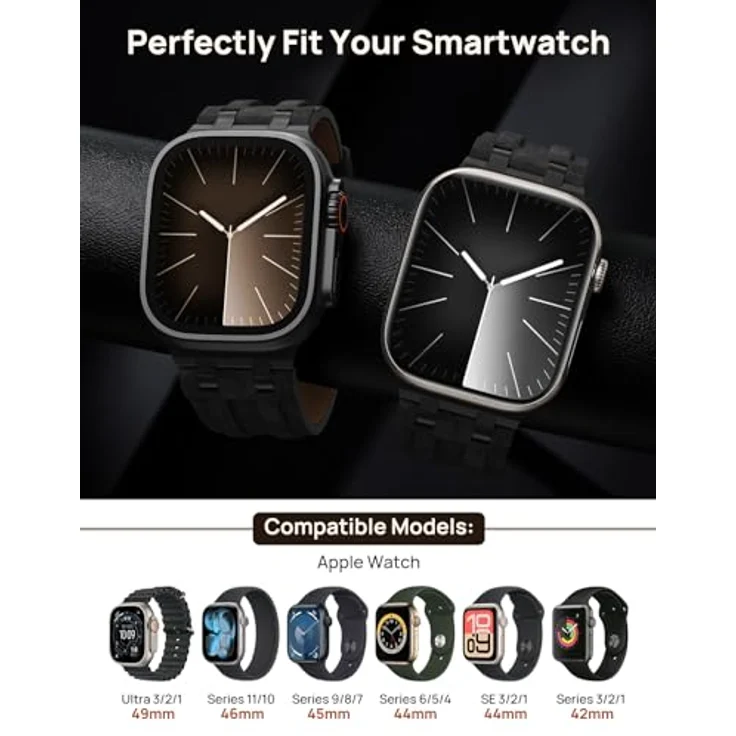 Astorgos Leder Armband für Apple Watch (Ultra 3/2/1 49mm, S11/S10 46mm, 9/8/7 45mm, SE/6/5/4 44mm, 3/2/1 42mm) in Schwarz, Hochwertiges Material mit Metallverschluss, Vintage-Design für Männer und Frauen – Bild 2