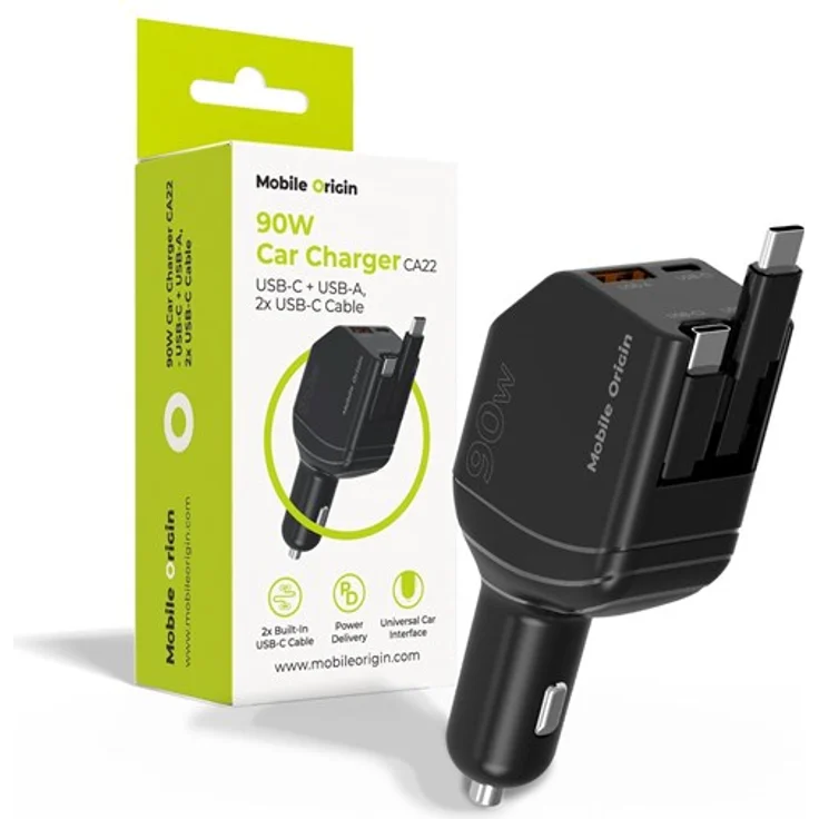 Mobile Origin 90W Car Charger CA22, Universeller 4-in-1 Autoladegerät mit 2x USB-C Kabel und USB-A Anschluss, geeignet für 12V-24V Fahrzeuge